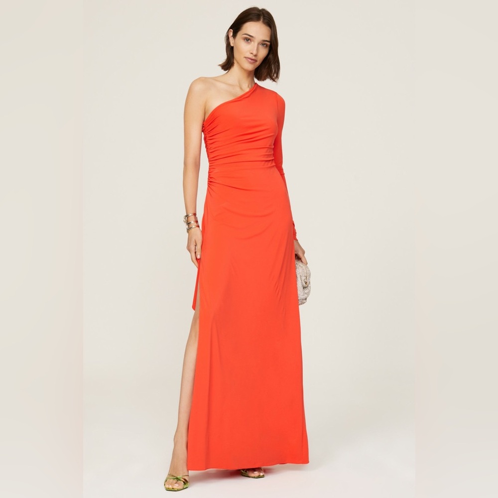 HALSTON One Shoulder Drape Ruched Orange Cocktail Evening‎ Dress Formal Gown 12